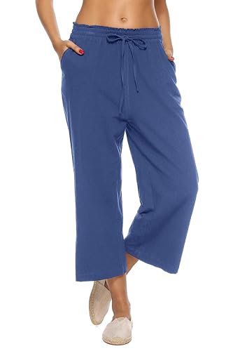 Image of LNX Womens Linen Capri Pants Wide Leg High Waisted Drawstring Casual Cropped Pants with Pockets