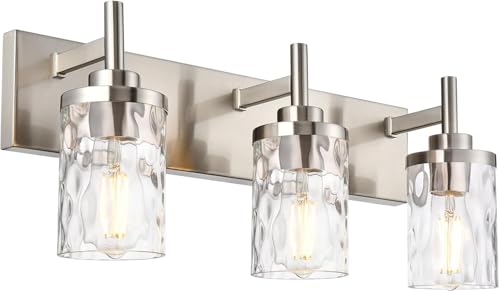 Image of Bathroom Vanity Lighting Fixtures 3 Lights,Brushed Nickel Bathroom Vanity Lights with Clear Hammered Shade Wall Sconce Lighting Modern Farmhouse Bath Lighting