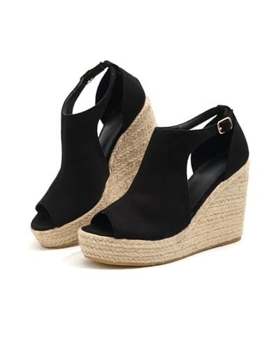Chic Espadrille Wedge Sandals - Stylish Peep Toe with Cut-Out Detail, Adjustable Buckle Strap, Stiletto Heels, and Comfortable Platform - Perfect Trendy Footwear for Your Summer Holiday 520-14