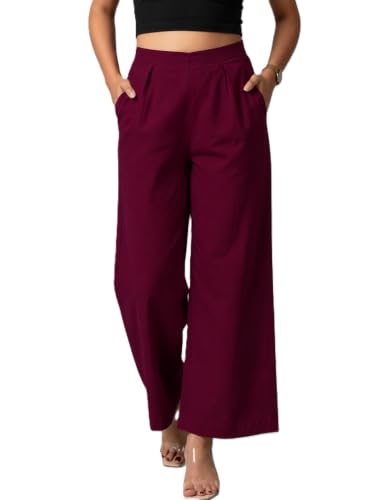 Image of Moirai Pure Cotton Wide Leg Women Trouser Stylish Mid Rise Relaxed Straight Fit Loose Pants Casual Travel Office Formal Wear
