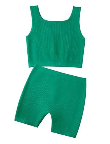 Image of EXARUS Girls 2 Piece Outfits Seamless Ribbed Cropped Tank Top Shorts Set | Teen Two Piece Outfit Tween Summer Dance Vacation Yoga Crew Neck Youth Athletic Workout Set Kids High Waist Elasticity 6-14Y