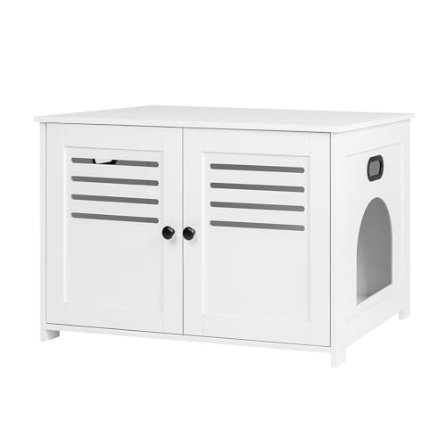 DINZI LVJ Litter Box Enclosure, Cat Litter House with Louvered Doors, Entrance Can Be on Left or Right, Large Hidden Cat Washroom for Most of Litter Box, Furniture Cabinet, White