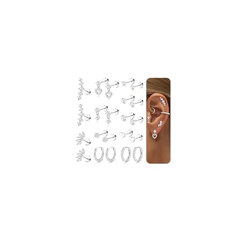 LOLIAS Hypoallergenic Flat Back Earrings for Women Cartilage Earrings Stacks-20G Surgical Stainless Steel Flatback Stud Hoop Earring Set Daith Conch Tragus Helix Piercing Jewelry Silver