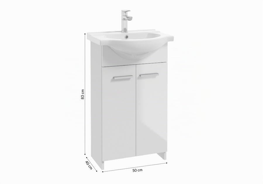 .Deftrans Domodomo Badezimmerschrank mit Waschbecken, 85 x 45 x 26 cm weißer Waschbeckenschrank, Keramik Waschbecken Set, Standschrank für kleines Bad