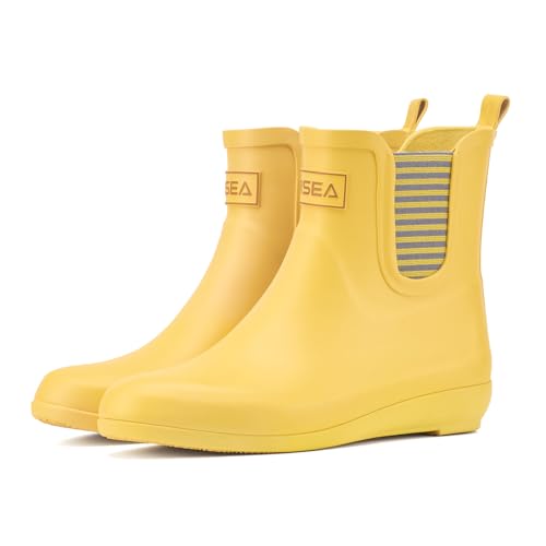 HISEA Rubber Rain Boots for Women Fashion Waterproof Chelsea Boots Short Ankle Garden Shoes Wedge Heel Anti-Slipping Rainboots for Ladies Outdoor Work Booties with Comfort Insole, Size 10 Yellow