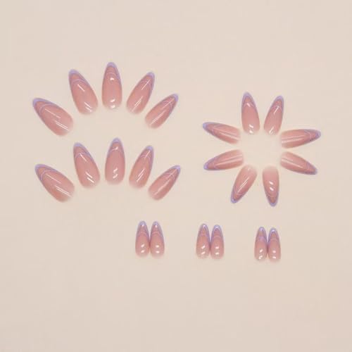Image of Purple French Tip Press on nails Nude Fake Nials Stiletto False Nails Purple Line Glue on nails Glossy Artificial Acrylic Nial Full Cover Medium Almond Stick on Nials for Women Manicure 24Pcs