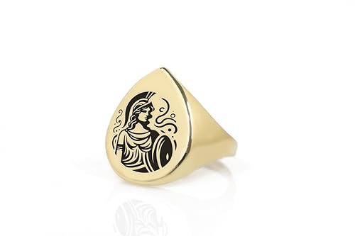 Bague Athéna or 14k : oubliez les bijoux qui verdissent avec ce signet mythologie gravé en poire
