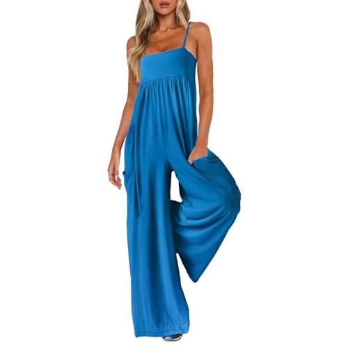 UNIANKIYA One Piece Jumpsuits for Women Spaghetti Strap Overalls Wide Leg Rompers with Pockets Summer Beach Vacation Casual