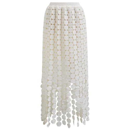 CHICWISH Women Summer Crochet Circle Fringe Hem Maxi Skirt Hollow Out High Elastic Waist Vacation Beach Long Skirt