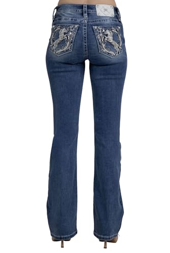 Miss Me Womens Galloping Horse and Horseshoe Embellished Mid-Rise Bootcut Jeans (Medium Blue 26W x 34L)