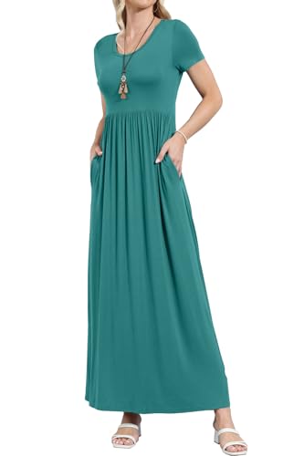 Image of EUOVMY Women's Short Sleeve Loose Plain Maxi Dresses Casual Vacation Long Dresses with Pockets