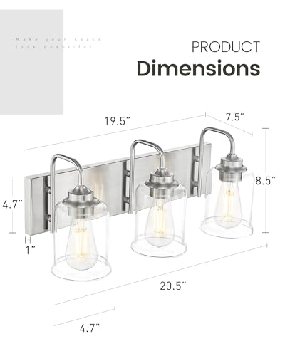 Image of zeyu 20.5 Inch Modern Bathroom Vanity Lamp, 3-Light Wall Mirror Light for Bathroom, Brushed Nickel Finish with Clear Glass Shade, ZSL72B-3W BN