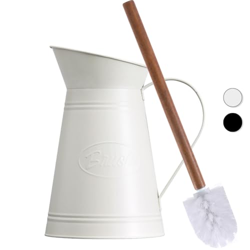 Brosse de toilette vintage avec manche en bois véritable et support - Set de brosse WC rétro en métal noir, inoxydable et décoration de salle de bain de...