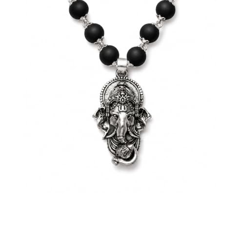 Image of Karungali Malai 8mm Certified with Vakratunda Ganesha Pendant Silver Plated | 54 Beads Authentic Black Ebony Wood Mala with German Silver Cap | Spiritual Protection Chain for Men & Women