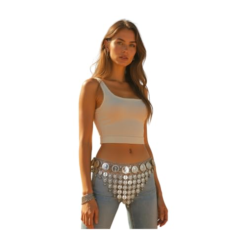 Women Ethnic Fashion Belt Waist Hip Silver Metal Coin Belly Dance Fit Size Party Festival S M3