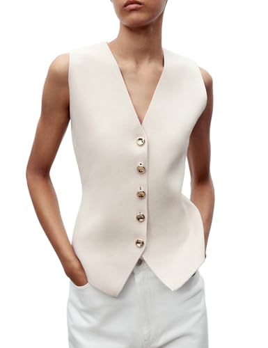 Women's 2025 V-Neck Sleeveless Knitted Sweater Vest Dressy Button Up Sweater Tank Tops Casual Outfits