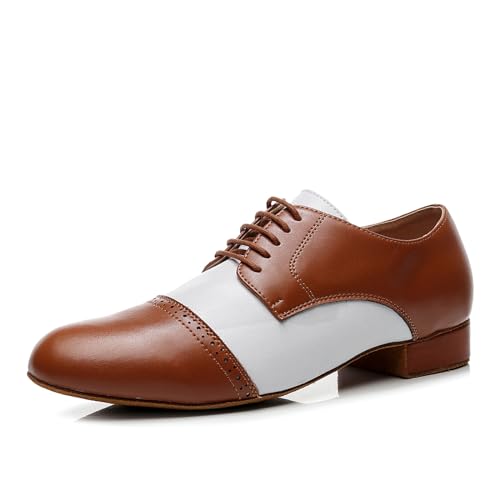 SWDZM Tanzschuhe Herren Leder Latein Tanzschuhe Niederhackig Ballsaal Tango Salsa Tanzschuhe Herren,Braun+Weiß,Wildleder Sohle,40EU