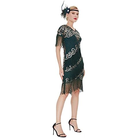 FAIRY COUPLE Women's1920s Art Deco Fringed Sequin Dress Flapper Gatsby Dress Green Gold XL Cover