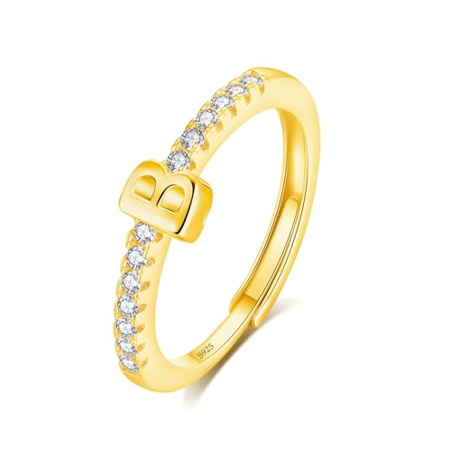 INFUSEU Anillo Inicial, 925 Plata De Ley 18K Oro Ajustable Letra B Anillos Apilables Alfabeto Mayúscula Joyería Personalizada Cumpleaños Regalo Dama Mujeres Niñas