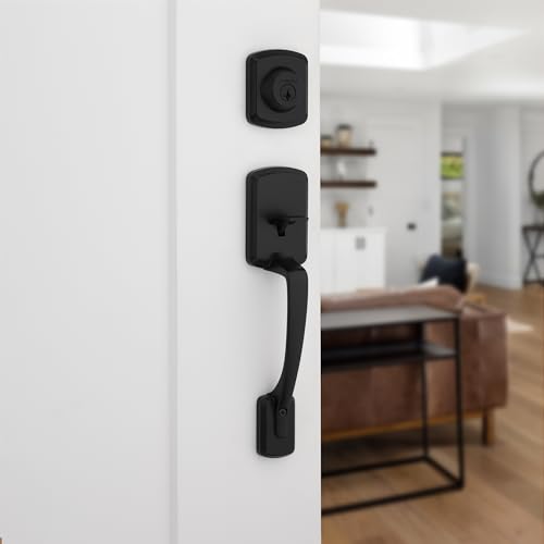 Image of Kwikset Henley Front Door Lock Handle and Deadbolt Set, Entry Handleset Exterior with Round Maven Interior Door Knob, Matte Black, Pick Resistant SmartKey Rekey Deadbolt Security