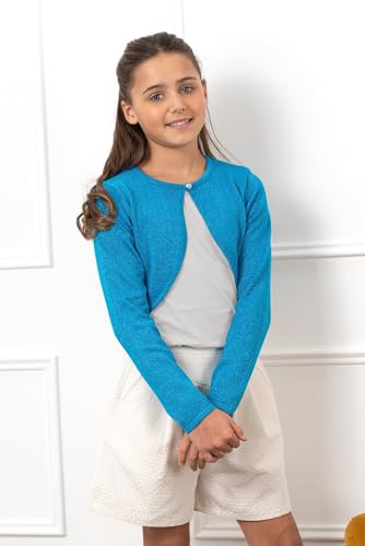 Image of BOLEROSE Girls Sparkle Long Sleeve Bolero | Open Front, Heart Diamante Button, Glitter Thread, Cropped Length, Ribbed Cuffs, Won't Shed or Flake, Ages 3-14