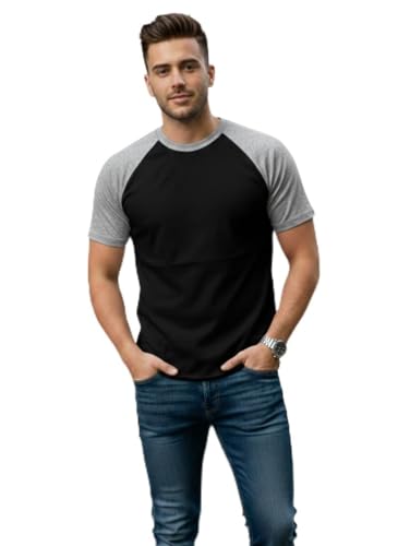 Image of Men's Raglan T-Shirt, Black with Grey Sleeves, Short Sleeve, Round Neck, Casual Wear