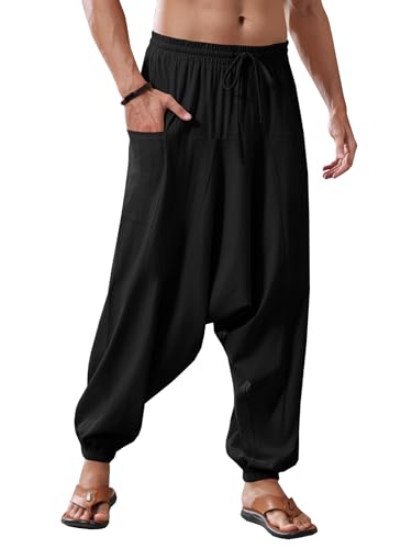 Runcati Mens Harem Pants Baggy Hippie Casual Cotton Linen Loose Boho Yoga Beach Drop Crotch Trouser Black