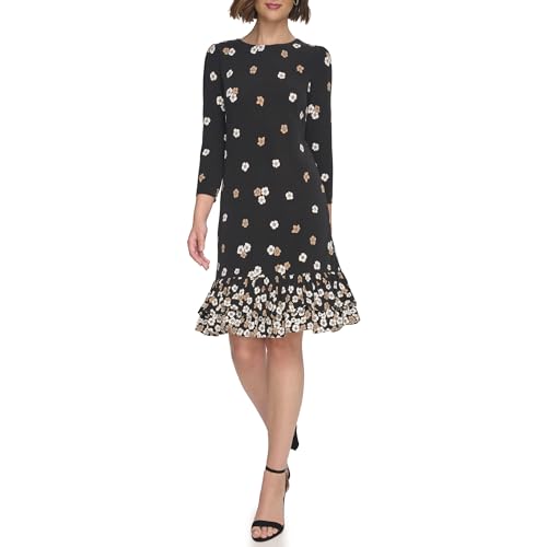 Image of Tommy Hilfiger Women's 3 /4 Sleeve Crew Neck Double Ruffle Hem Jersey Shift Mini Dress