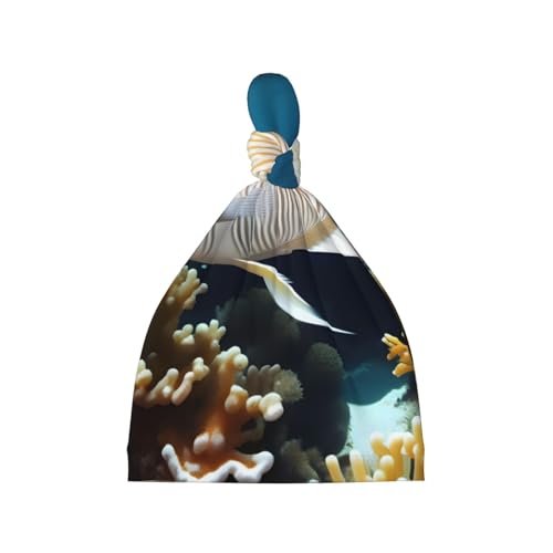 Newborn Baby Hat, White-Golden Fish Print Soft Top Knot Beanie Cap, Cute Baby Headwear for 0-6 Months