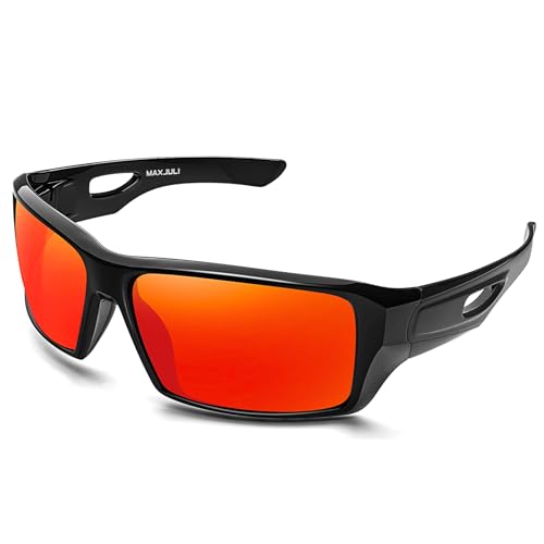 MAXJULI Polarized Wrap Around Sports Sunglasses for Big Heads Men Women UV400 Protection Sun Glasses (Black/Red)