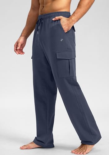 Pudolla Men's Cotton Sweatpants with Cargo Pockets Open Bottom Yoga Pants for Men Lounge Pants for Athletic Workout Casual
