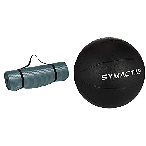 Image of AmazonBasics 13mm Extra Thick Yoga and Exercise Mat with Carrying Strap, Steel and Amazon Brand - Symactive Medicine Ball, 4kg Combo