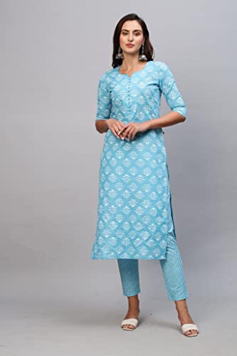 Image of GoSriKi Women's Cotton Blend Printed Straight Kurta With Pant