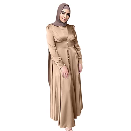 Women's Long Sleeve Maxi Dress Muslim Abaya Robe Plain Simple Modern Islamic Arabic Style Casual Dress Khaki
