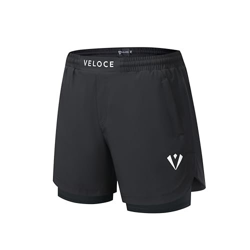 VELOCE Mens Running Shorts 2 in 1 with Phone Pocket - Quick Dry Gym Sports Shorts for Men with Zip Pockets - Compression Liner & Secure Storage (UK Alpha L Regular Regular Black)