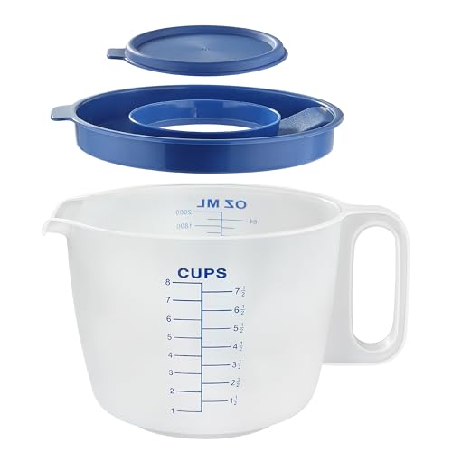 8 Cup Measuring Cup with Splash Guard Lid BPA-Free Plastic Mixing Bowl for Baking Pancakes & Meal Prep Clear Accurate Measurement Marks