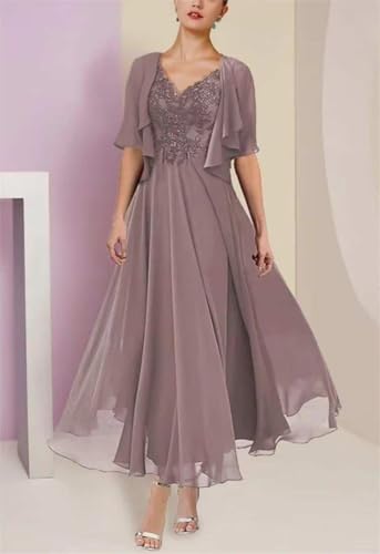 2 Piece Tea Length Mother of The Bride Dresses with Jacket A Line Formal Evening Gown with Pockets4