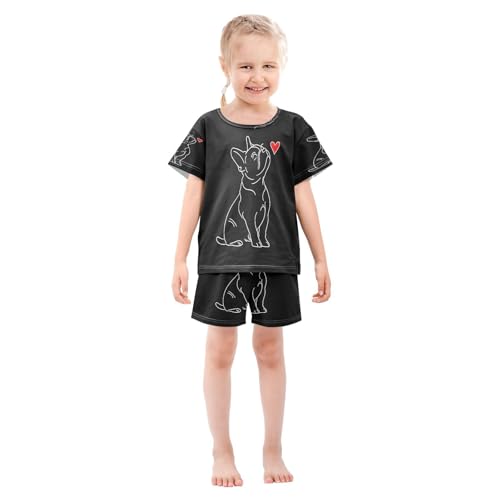 ALAZA Cute Bulldog Black Heart Pajamas Set Short Sleeve Cotton Sleepwear Summer Pjs 2 Piece 5-14Y3