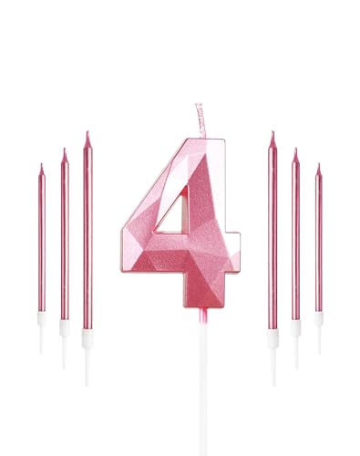 Pink Number 4 Candle Set with 6 Long Candles, Cake Toppers for Girl's 4th Birthday or Wedding Anniversary