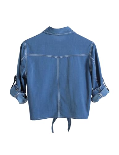 Image of Omoone Wome Crop Modern Denim Top Tie Knot Shirt Chambray Cardigan | Roll Up 3 /4 Sleeve, Button Down, Tie Front Blouse, Western Cowgirl Jean Shirts