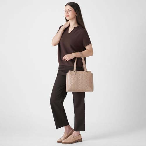Image of Caprese Shine Medium Tote Bag for Women | Quilted Faux Leather Shoulder Handbag with Multi-Compartments & Zipper Closure | Fits Up to 15 Inch Laptop | Stylish Work, Travel & Everyday Bag (Dark Pink)