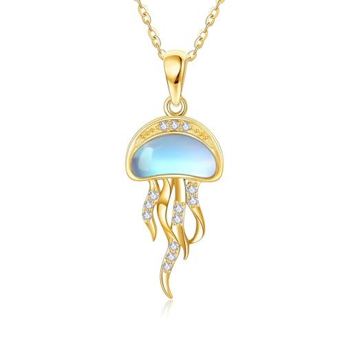 Jellyfish/Phoenix/Fox/Fairy Necklace 14K Solid Gold Moonstone Jellyfish/Moon Fox Pendant Animal Theme Jewelry For Women