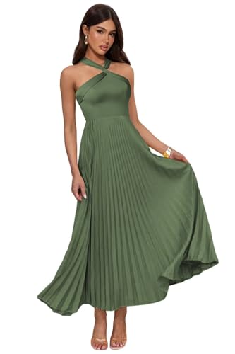 Women's Halter Pleated Satin Bridesmaid Dresses Tea Length Maxi Formal Evening Dress VS242