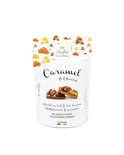 Dolfin Caramelo y Chocolate - Chocolate con Leche y Nueces Pecanas – Caramelo Casero de Mantequilla Salada con Nueces Ligeramente Caramelizadas - Regalos, Golosinas, Dulces - Hecho en Bélgica - 45g