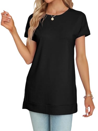 Women's Round Neck Solid Color T-Shirt Side Slit Casual Short-Sleeved Summer Sports Tunic Top4