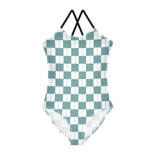 Image of Black and White Chess Girls One Piece Swimsuits Board Marble Tile Sport Halter Swimwear Beach Bathing Suit 3T