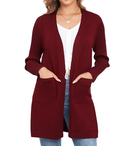 Image of Women's Cardigan Sweaters V-Neck Long Sleeves with Two Pockets Side Split Hem Open Front Knit Casual Cardigan