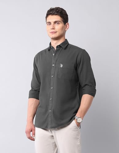 Image of U.S. Polo ASSN. Solid Slim Fit Shirts for Men - 100% Cotton, Full Sleeve Mens Casual Shirts