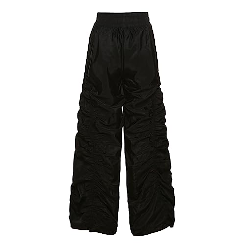 Womens Casual Solid Color Cargo Pants Loose Elastic Belt Waist Pants Long Trousers Fashion Pleated Desigh (Black, L)3