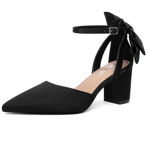 RIBONGZ Wedding Bridal Shoes for Women Chunky Block Heel Pumps Closed Pointed Toe Heels with Elegant Bow Knot Comfort Evening Party Prom Office Shoes